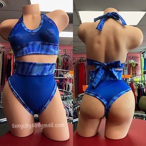 Sexy Blue Mesh High Waisted Bikini Set. Dancewear